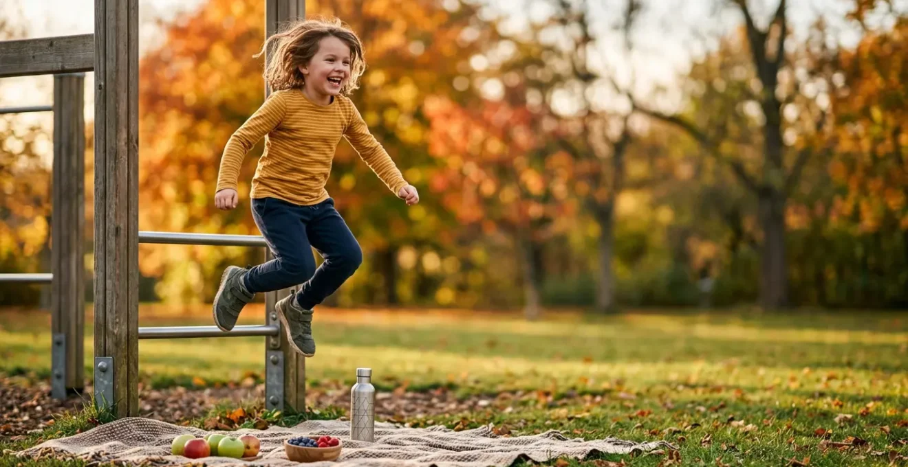 A young child engaged in active outdoor play while natural whole foods are visible nearby, symbolizing the balance between movement and nutrition in childhood health