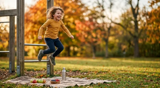 A young child engaged in active outdoor play while natural whole foods are visible nearby, symbolizing the balance between movement and nutrition in childhood health