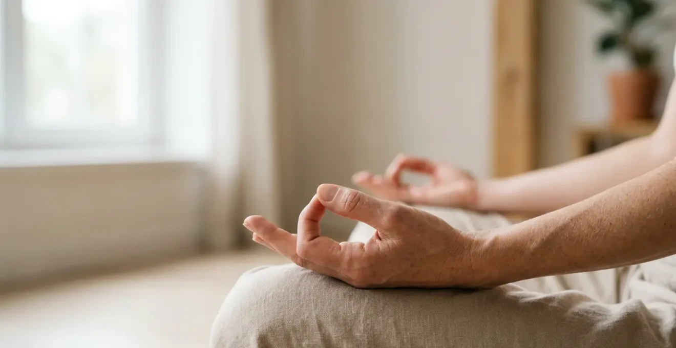 Close-up of calm hands resting gently on knees in meditation posture, soft natural light creating peaceful atmosphere