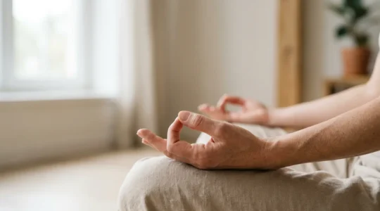 Close-up of calm hands resting gently on knees in meditation posture, soft natural light creating peaceful atmosphere