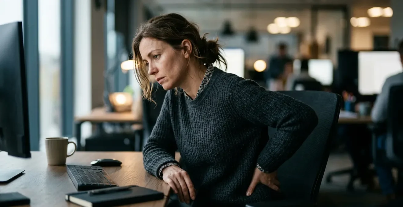 Office worker sitting at desk showing the stark contrast between morning exercise and prolonged desk sitting health impact
