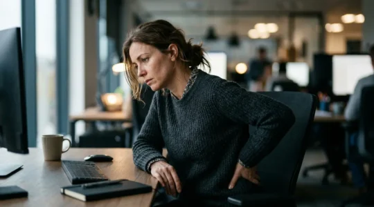Office worker sitting at desk showing the stark contrast between morning exercise and prolonged desk sitting health impact