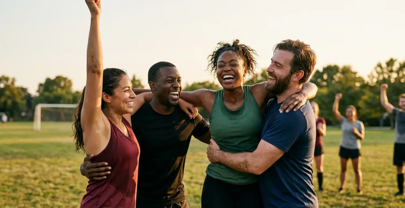Diverse adults celebrating together during team sports activity outdoors with genuine joy and connection