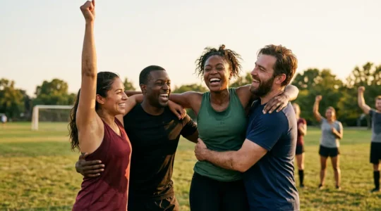 Diverse adults celebrating together during team sports activity outdoors with genuine joy and connection