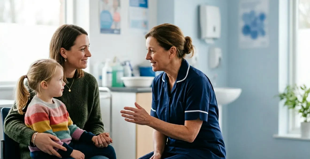 Parent and child in UK NHS healthcare setting discussing vaccination information with medical professional