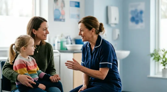 Parent and child in UK NHS healthcare setting discussing vaccination information with medical professional