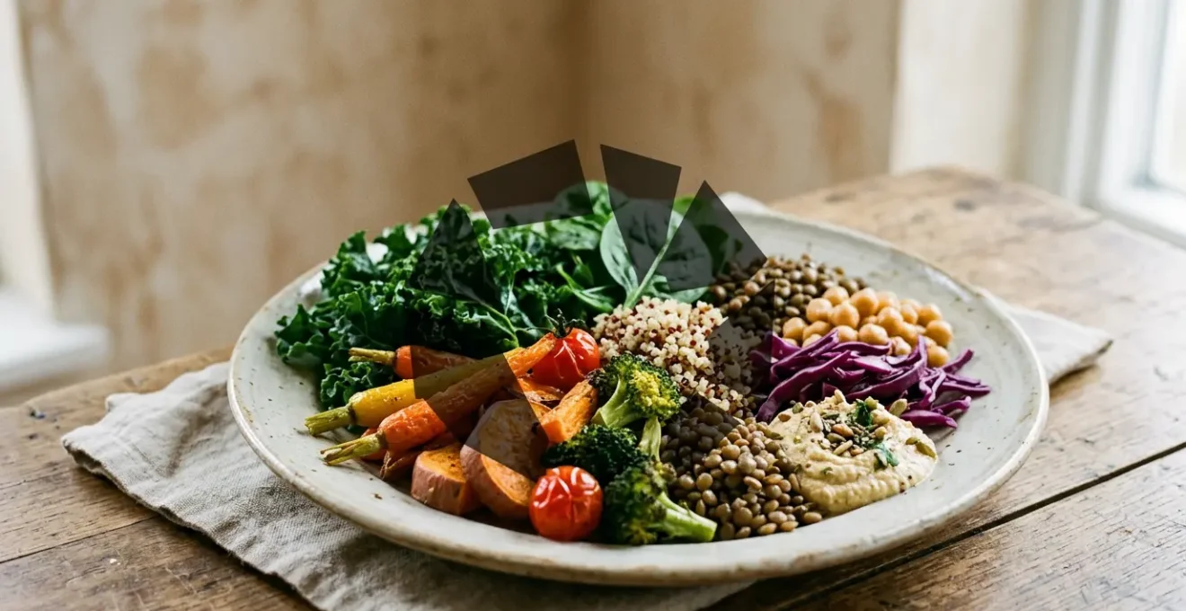 A nutritionally rich meal surrounded by faint question marks symbolizing hidden vitamin deficiency despite healthy food choices