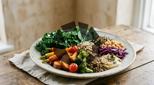 A nutritionally rich meal surrounded by faint question marks symbolizing hidden vitamin deficiency despite healthy food choices