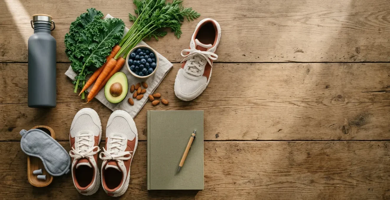 A minimalist wide composition showing a person's daily wellness journey through scattered meaningful objects on a clean surface