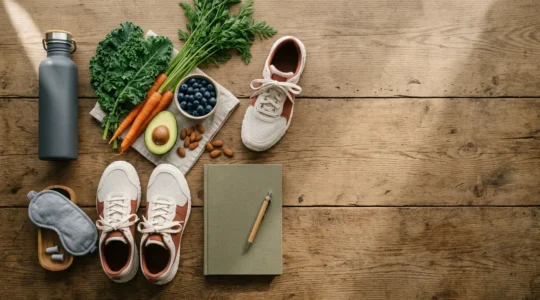 A minimalist wide composition showing a person's daily wellness journey through scattered meaningful objects on a clean surface