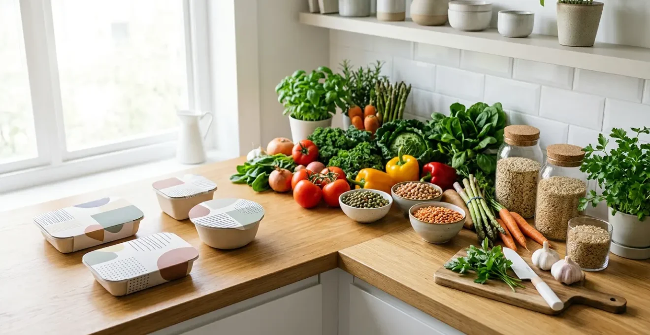 A warm, inviting kitchen counter showcasing fresh whole food ingredients transitioning from packaged convenience meals