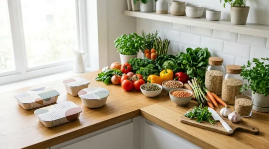 A warm, inviting kitchen counter showcasing fresh whole food ingredients transitioning from packaged convenience meals