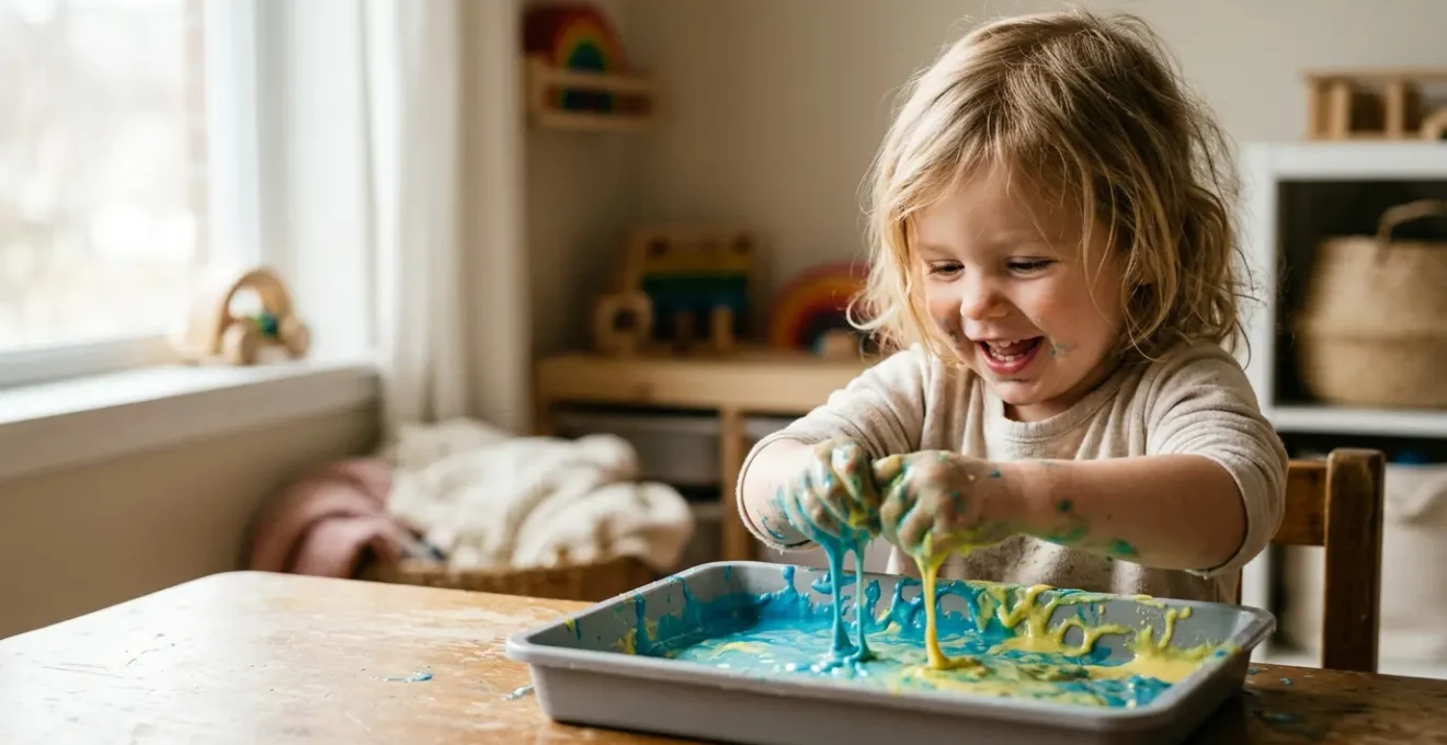 Young child exploring colorful textured materials during sensory play session