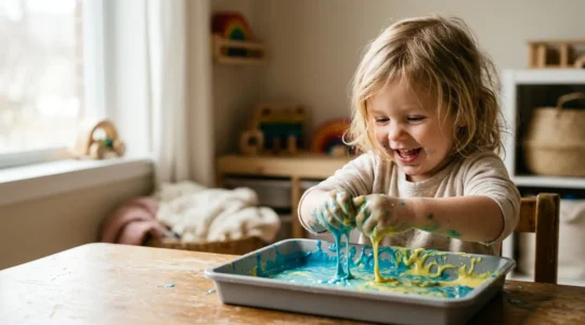 Young child exploring colorful textured materials during sensory play session