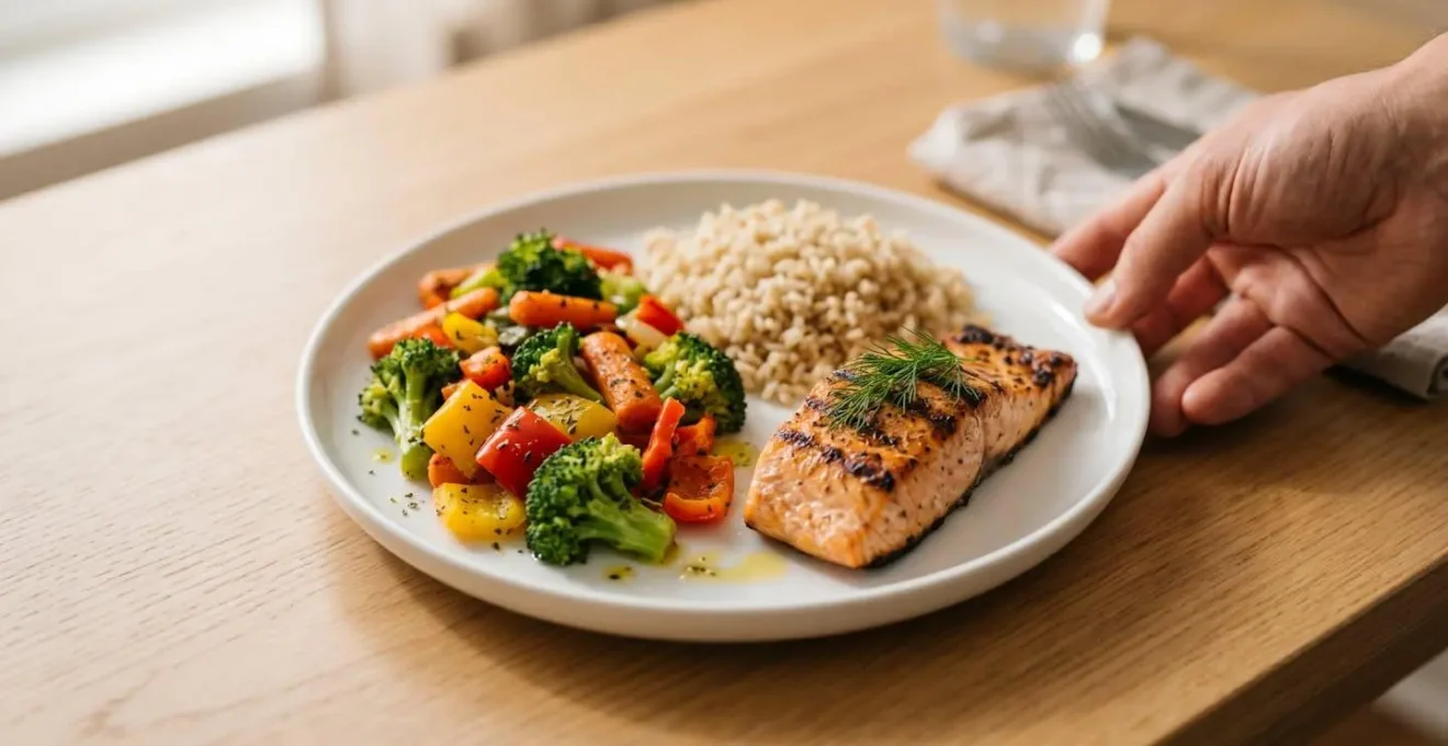 A well-balanced dinner plate showcasing proper visual portions of vegetables, protein, and whole grains without measuring tools