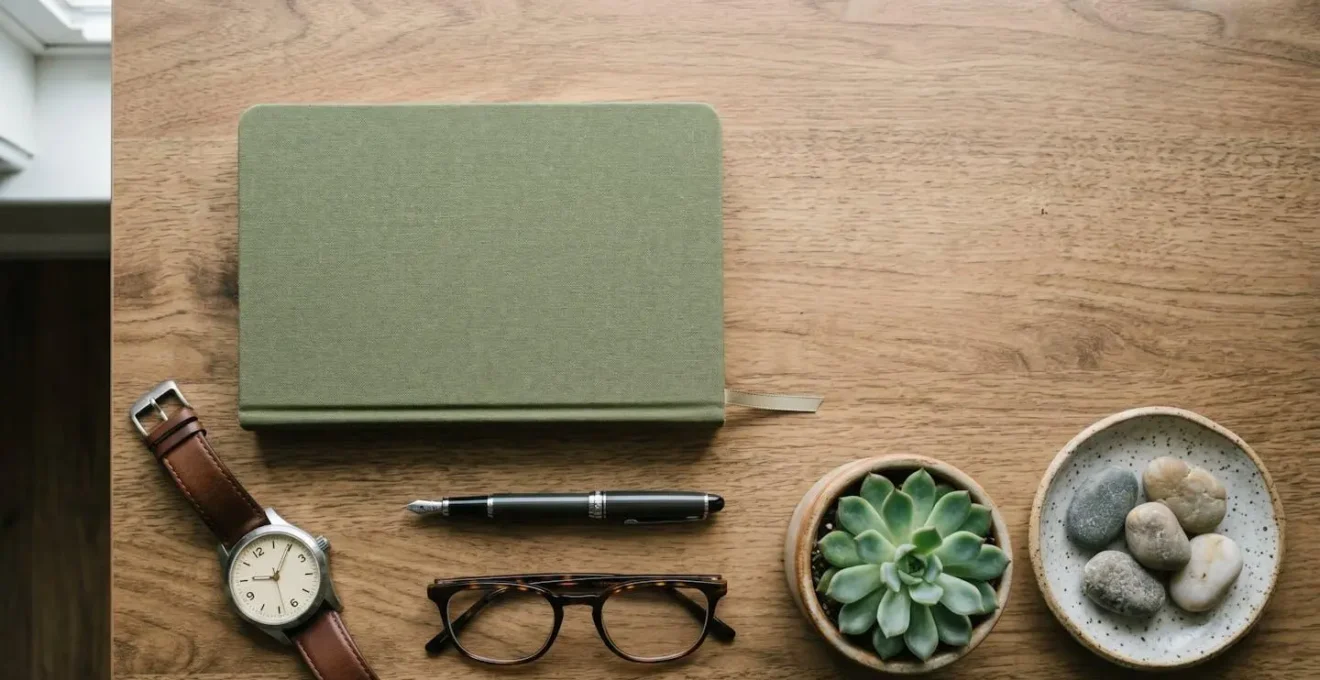 A minimalist workspace scene suggesting intentional time-blocking and personal commitment to wellbeing practices