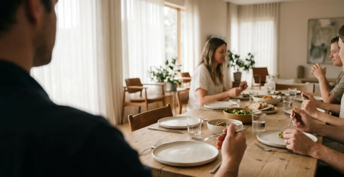 A serene moment of self-anchored presence during a social dining experience