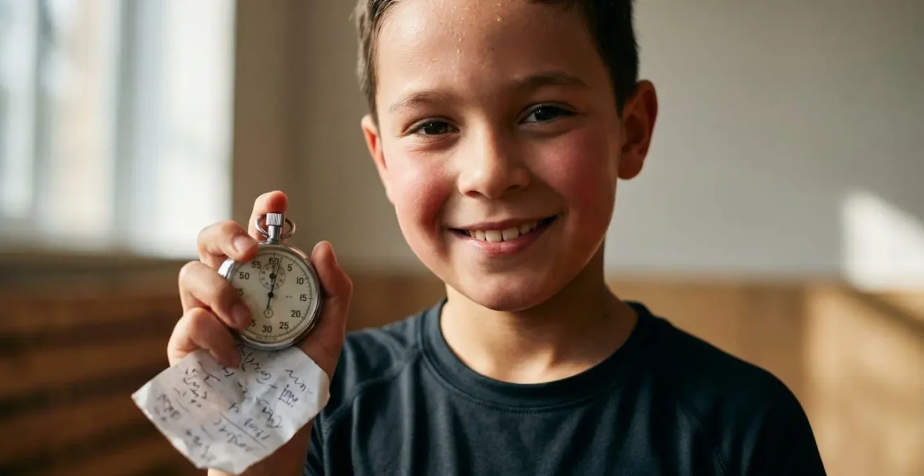 A child with a proud expression holding a stopwatch after completing a physical challenge, focus on emotional accomplishment rather than body appearance