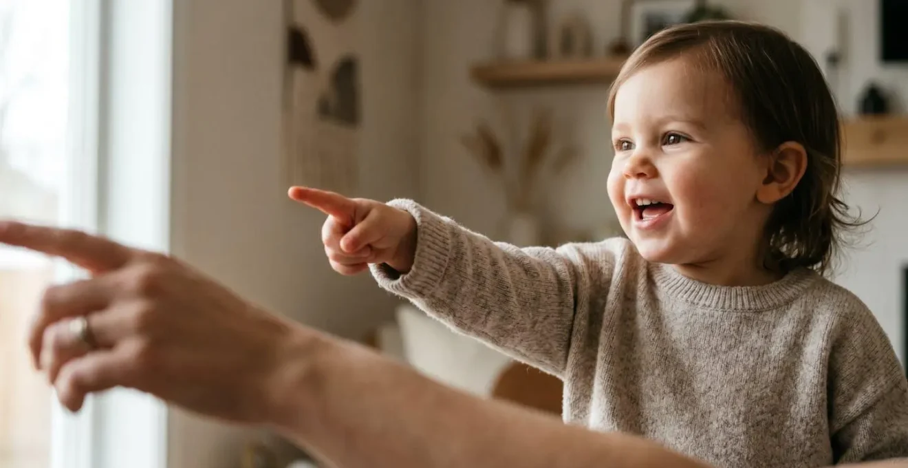 Close-up of toddler using rich nonverbal communication gestures during parent interaction