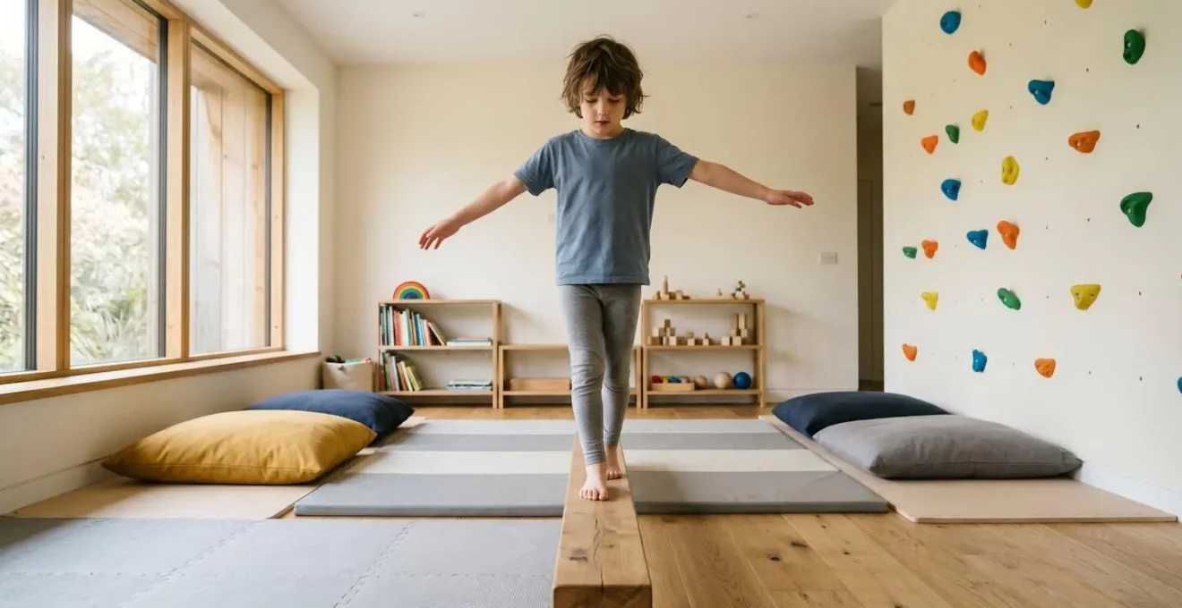 A child balancing on low wooden beam in a living room designed for active play with climbing grips visible on wall and floor cushions instead of traditional furniture