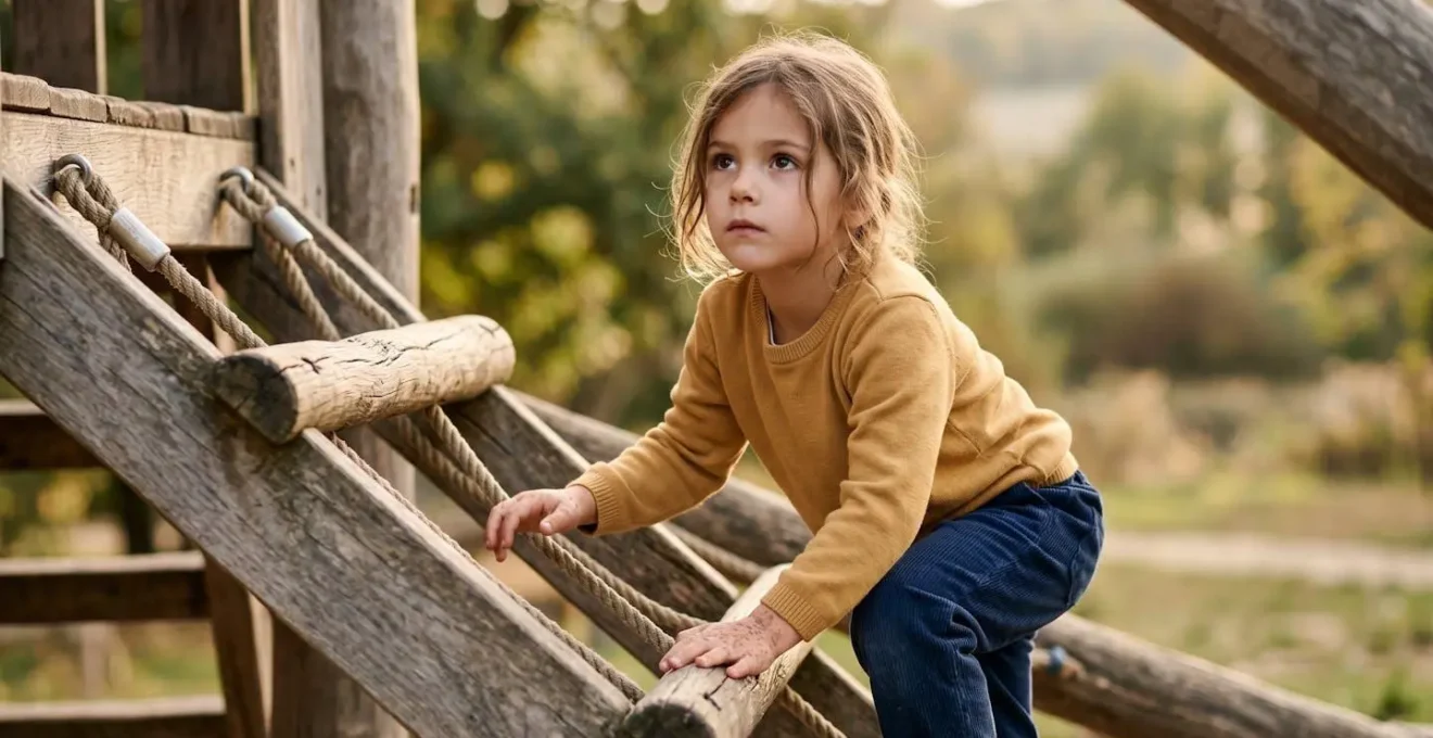 Young child carefully evaluating height while climbing outdoor structure, showing concentration and risk assessment