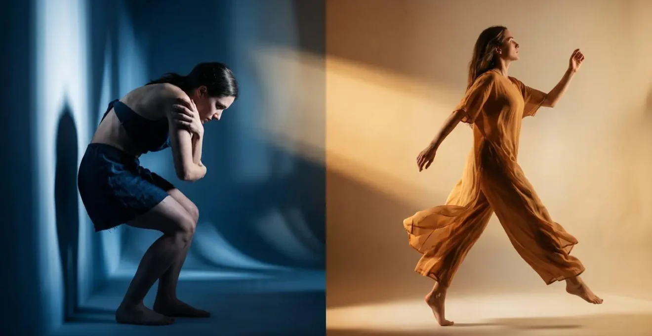 A symbolic photograph contrasting stillness and motion through dual exposure or split composition, representing chronic stress versus exercise-induced adaptive stress