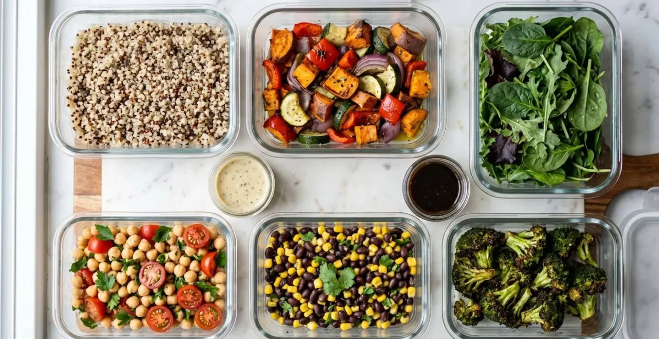 Organized glass containers displaying batch-cooked whole food components ready for mix-and-match assembly