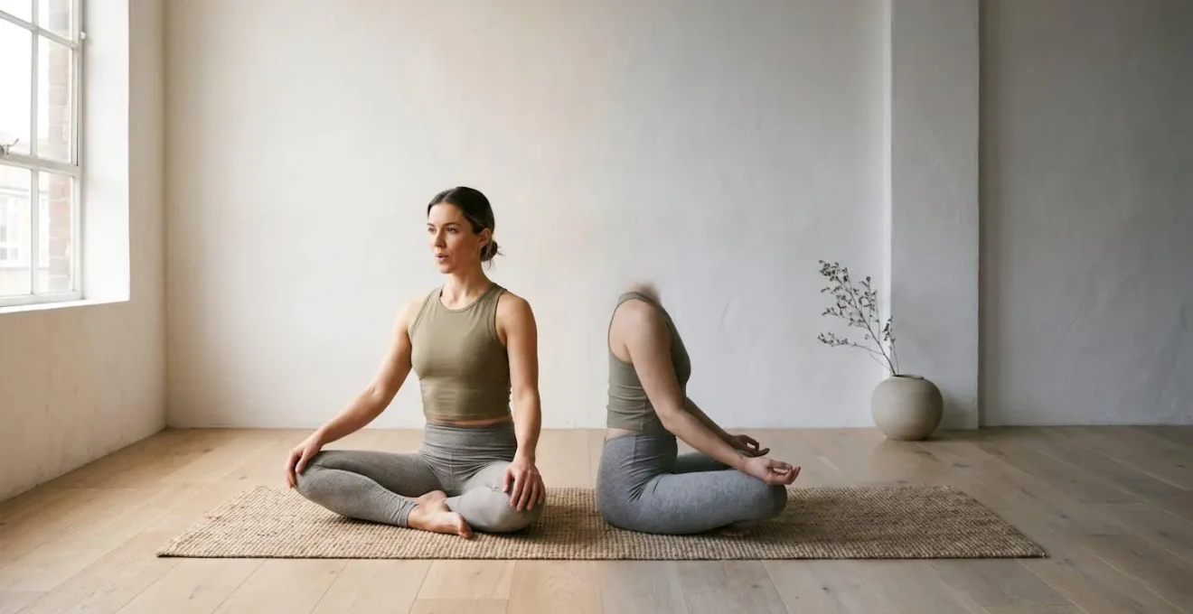 Environmental wide shot showing a practitioner in two contrasting breathing states captured through lighting and composition