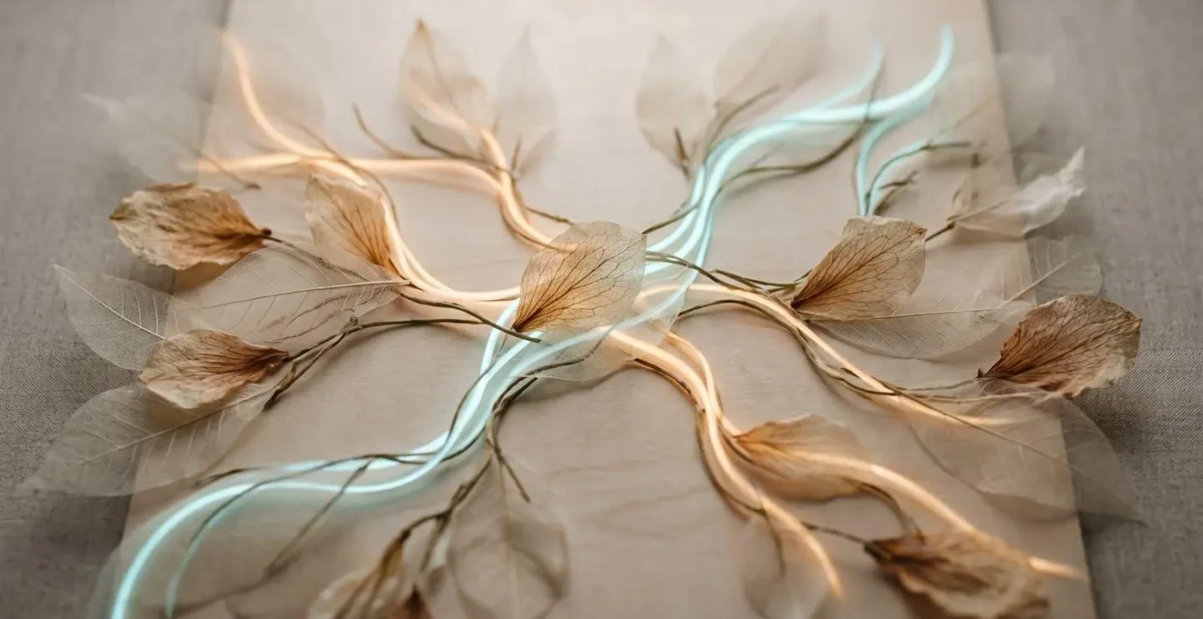 Abstract representation of neural networks through interweaving organic pathways and gentle light patterns suggesting brain connectivity