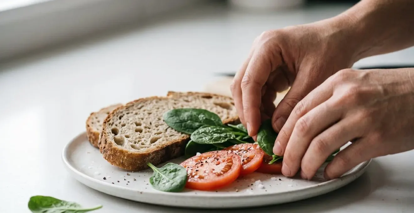Close-up of hands preparing a balanced breakfast with whole foods, natural textures of fresh ingredients visible in soft morning light