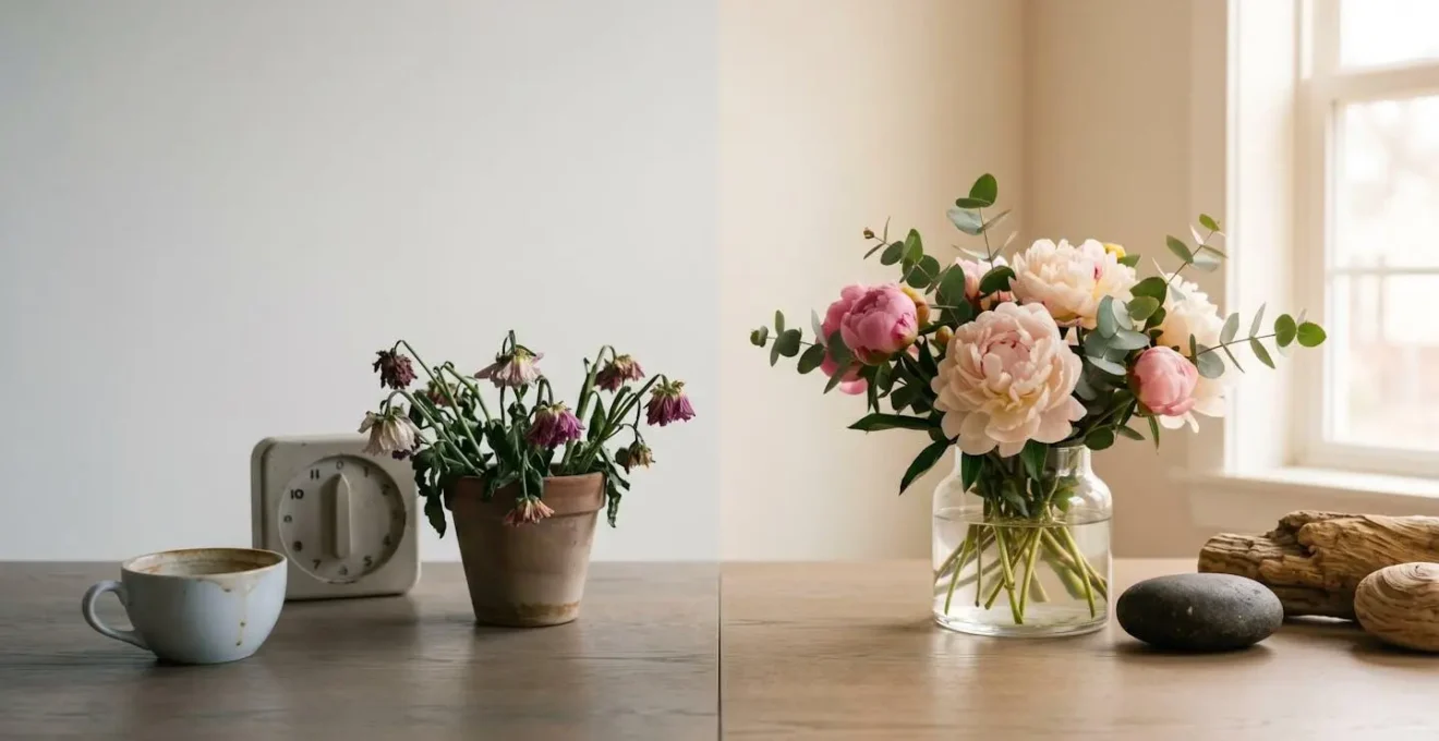 A conceptual arrangement of objects representing different types of energy drains and restoration methods in balanced composition