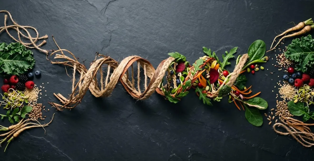 Symbolic visual metaphor representing epigenetic programming through nutrition, featuring organic elements that suggest genetic activation and nutritional building blocks