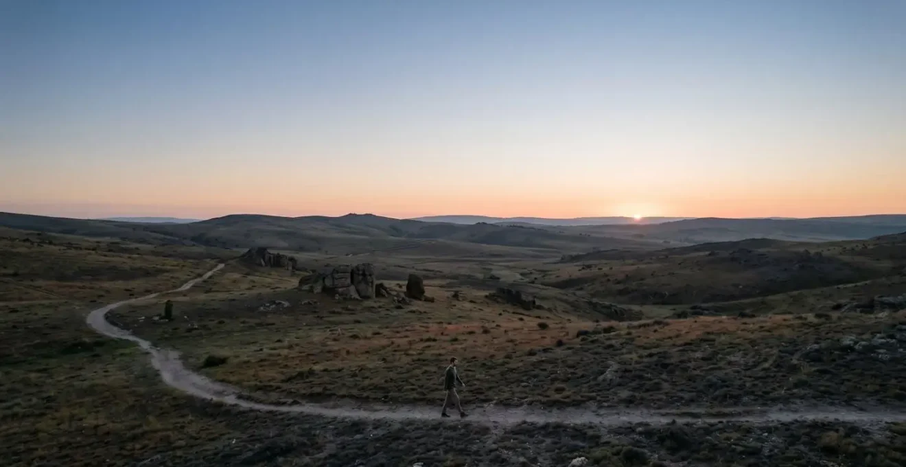 Environmental shot showing person's daily movement routine integrated into natural landscape emphasizing habit and identity