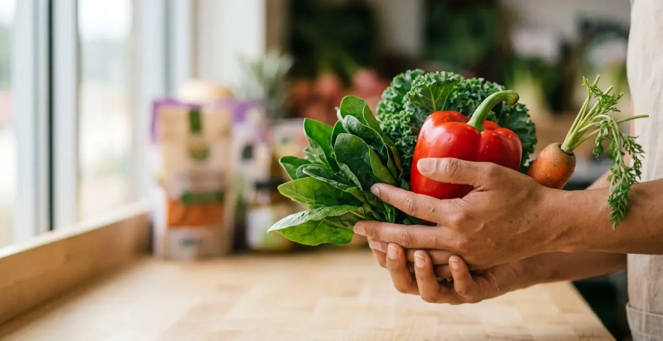 Hands holding fresh whole vegetables with abstract packaging elements deliberately out of focus in background