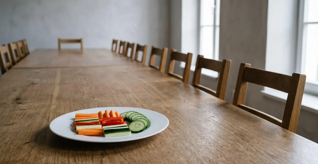 Symbolic representation of dietary restriction and social disconnection, showing a single perfect plate on a long, empty dining table.