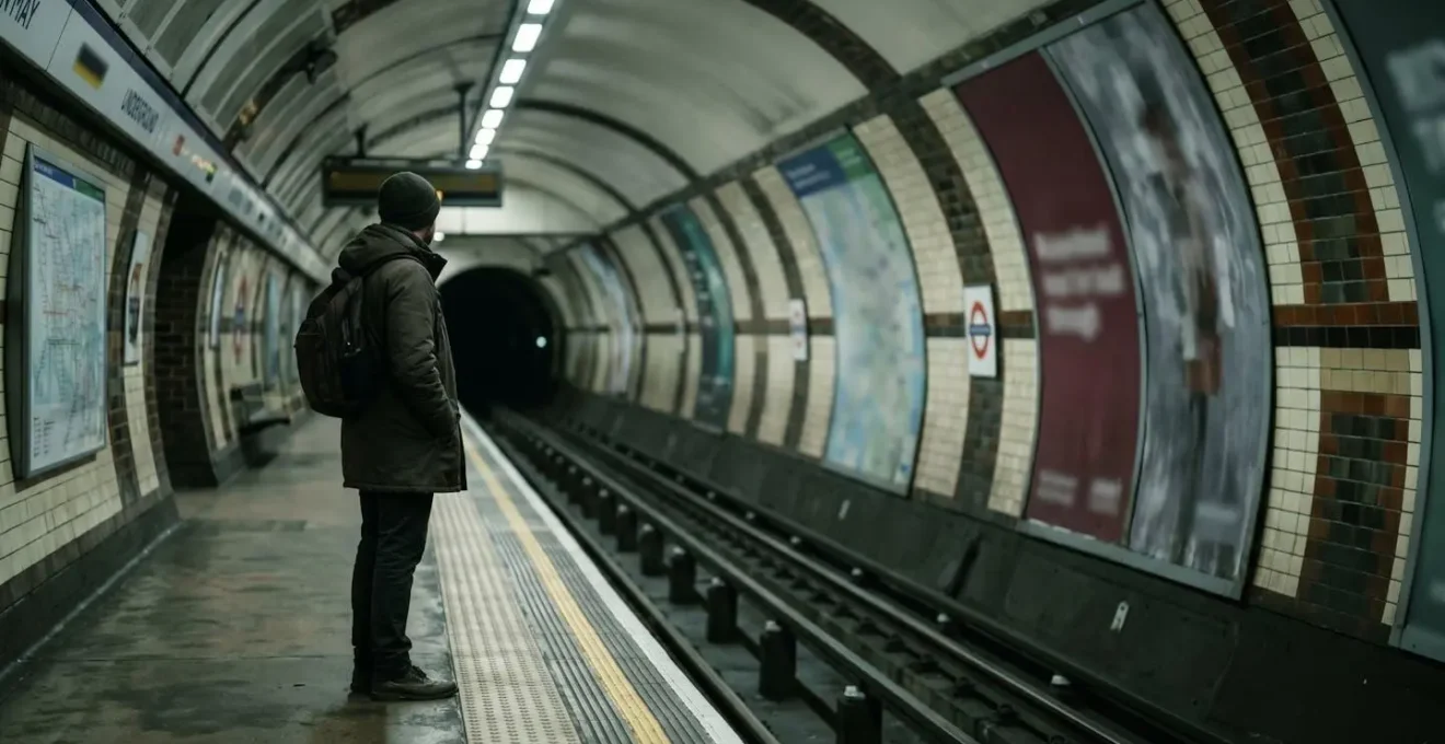UK commuter on London Underground platform during winter season with soft focus on protective health measures