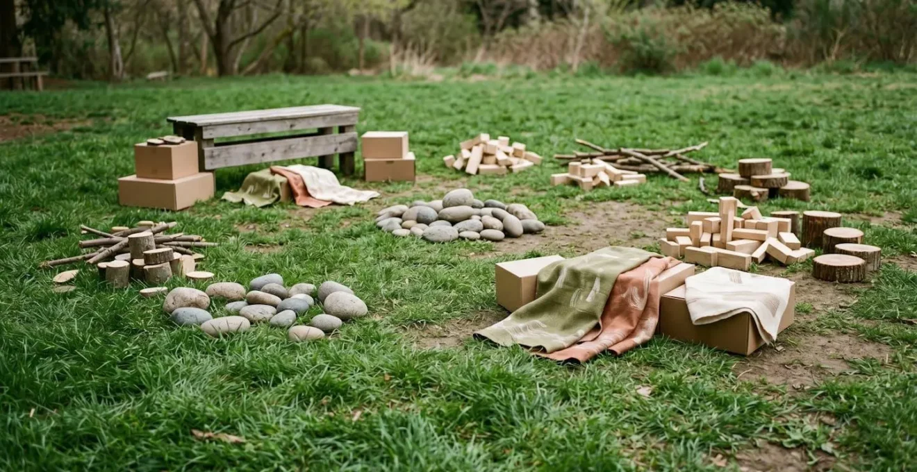 Collection of natural loose parts materials including stones, sticks, and fabric arranged for child-led creative play