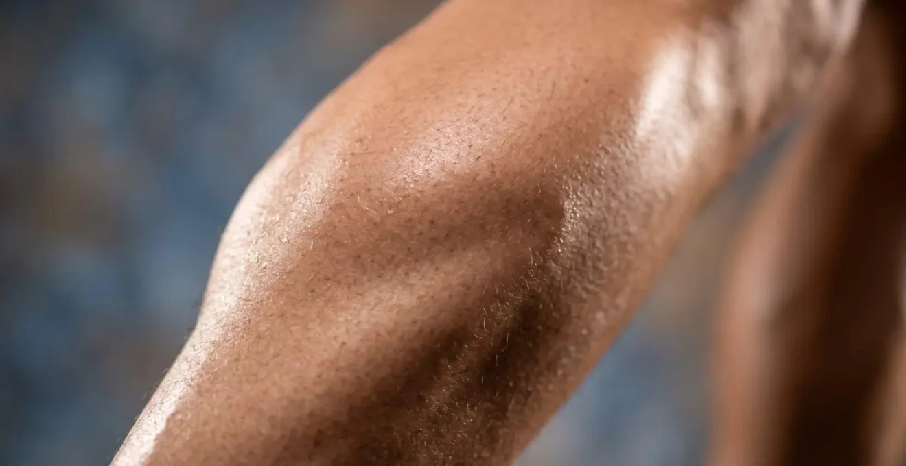 Close-up view of leg muscles in gentle movement showing tissue circulation and recovery process