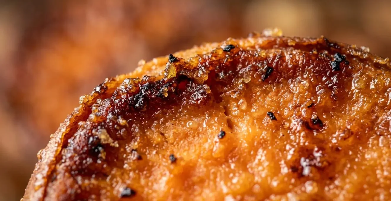 Macro close-up of caramelized vegetable surface showing golden-brown Maillard browning with visible texture and moisture beads
