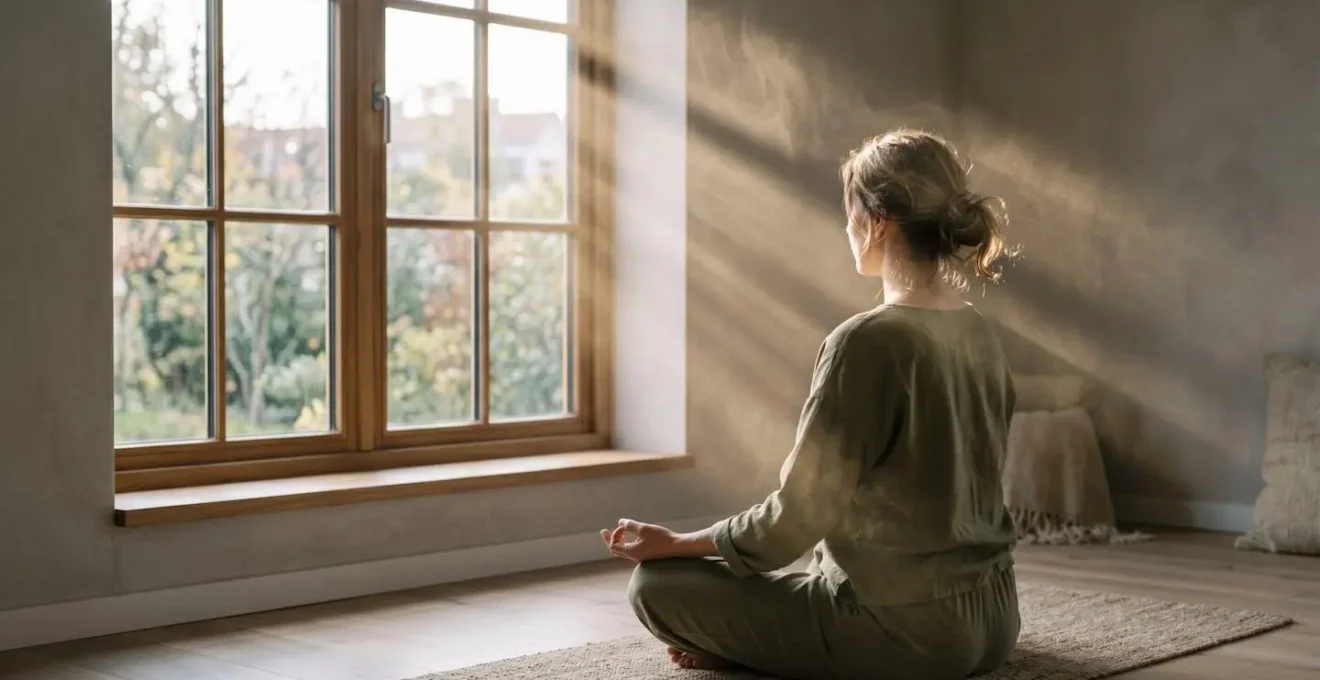 Serene person in peaceful meditation pose showing calm internal focus and breath awareness in minimalist natural setting
