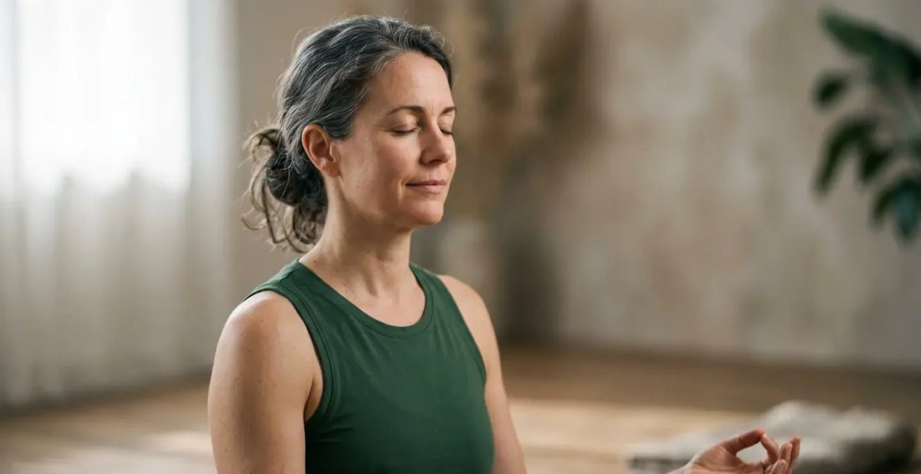 Person in gentle yoga pose with eyes closed showing internal focus and sensory awareness rather than external performance