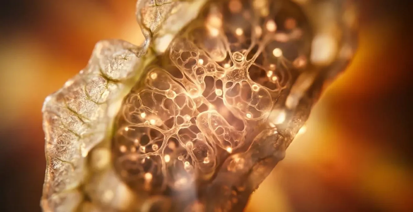 Macro close-up showing the textural detail of living cells illuminated to suggest energy production