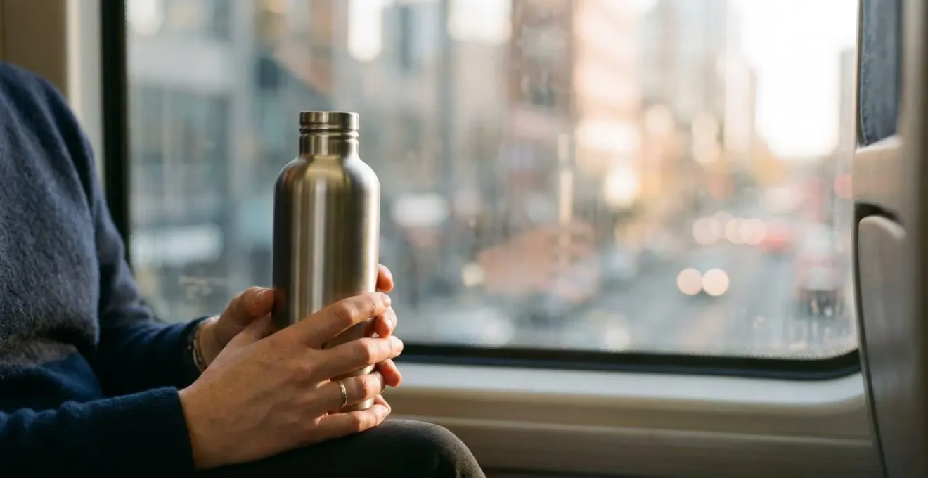 Close-up view of hands holding a reusable water bottle on a morning commute with soft natural light filtering through