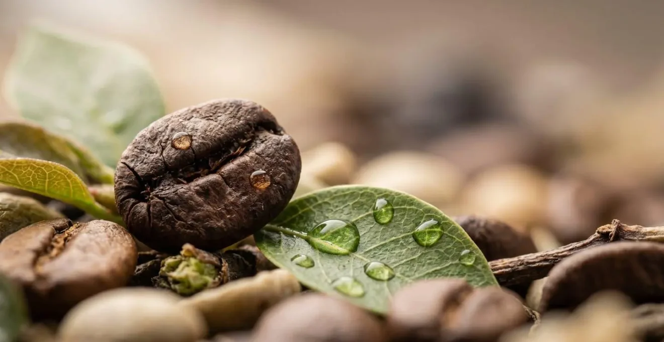 Macro view of coffee bean textures and natural plant elements representing circadian rhythms