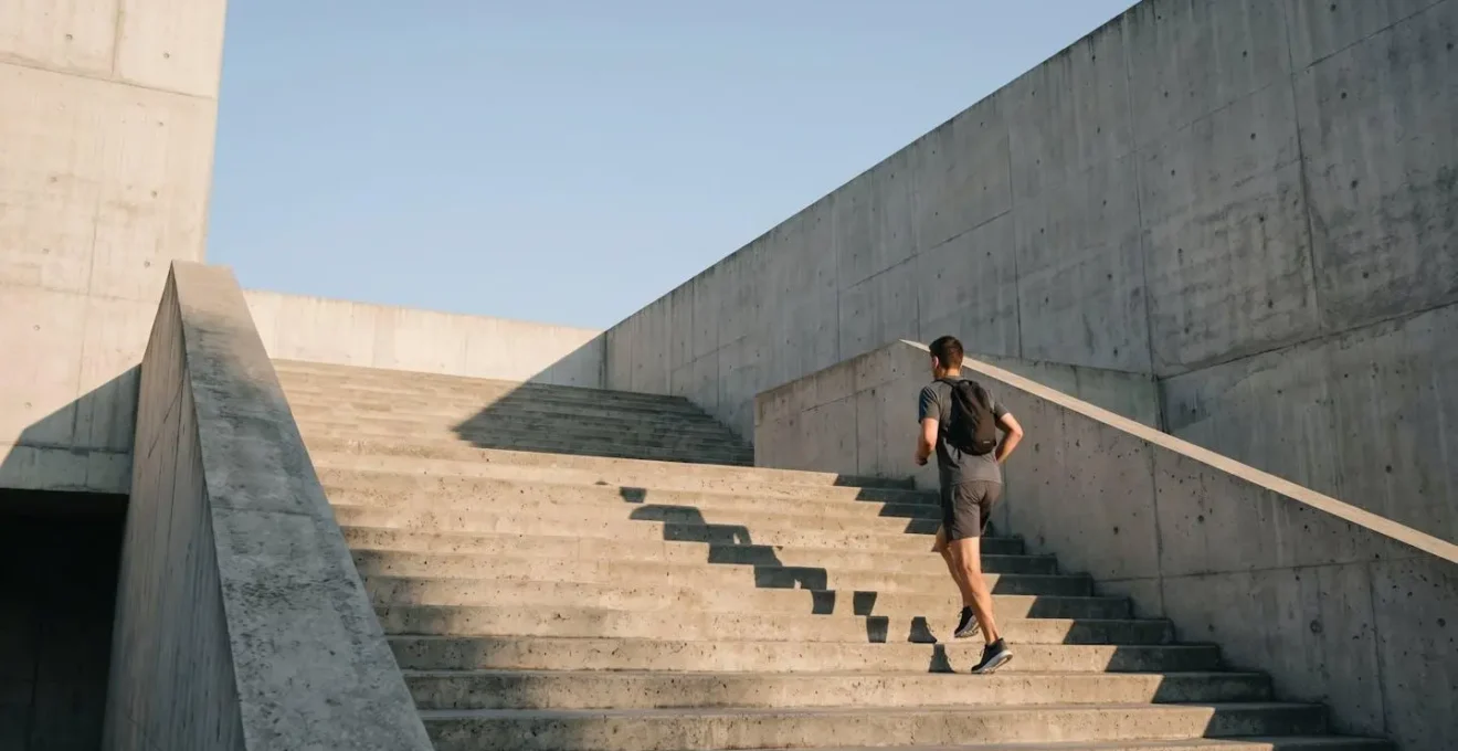 Dynamic human movement captured in environmental context emphasizing muscular engagement