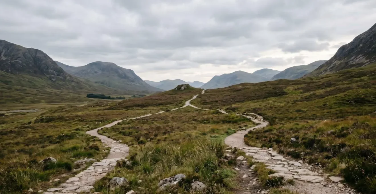 Wide environmental shot showing two separate paths converging into one, symbolizing perspective shift and narrative reframing in conflict resolution