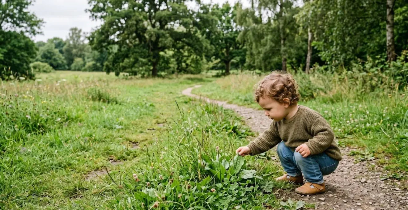 Wide environmental photograph of a young child exploring natural outdoor environment, illustrating beneficial microbial exposure through connection with nature
