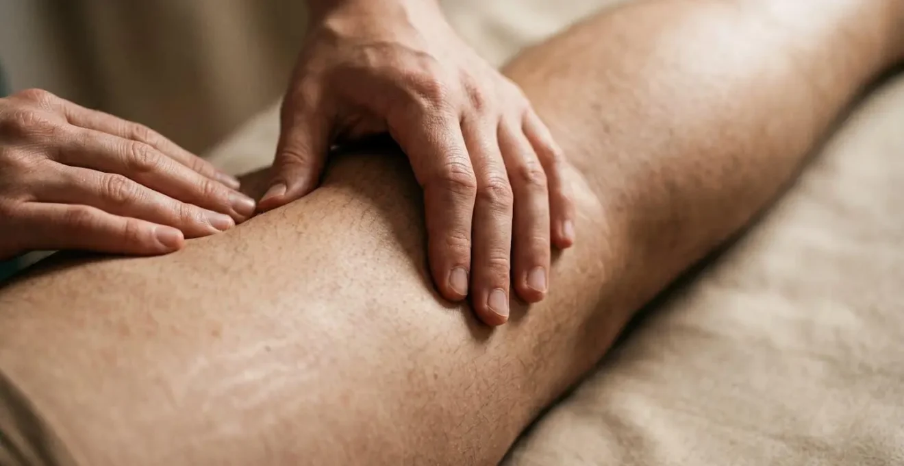 Close-up of hands demonstrating gentle self-assessment movement with focused attention to body sensation