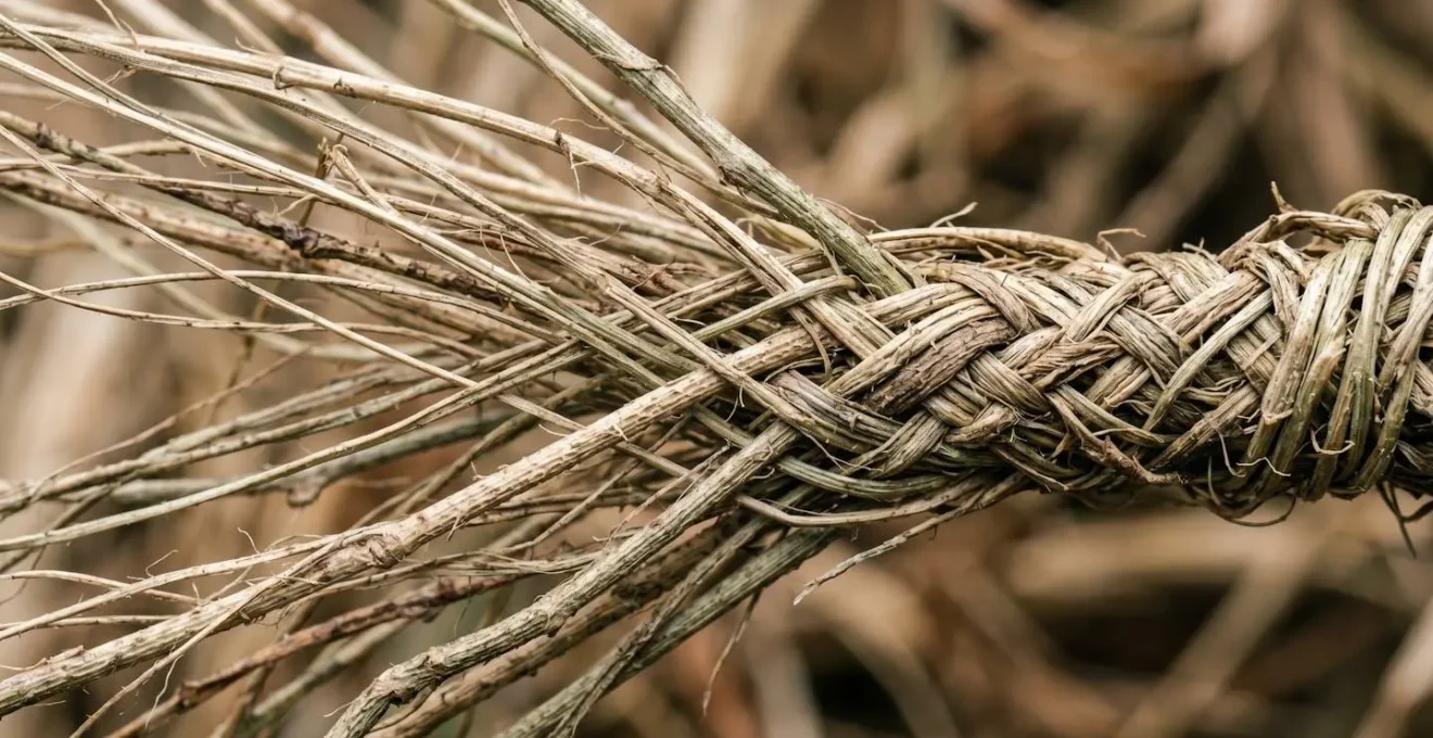 Macro view of natural fibers interweaving to create strong unified structure representing neural pathway formation