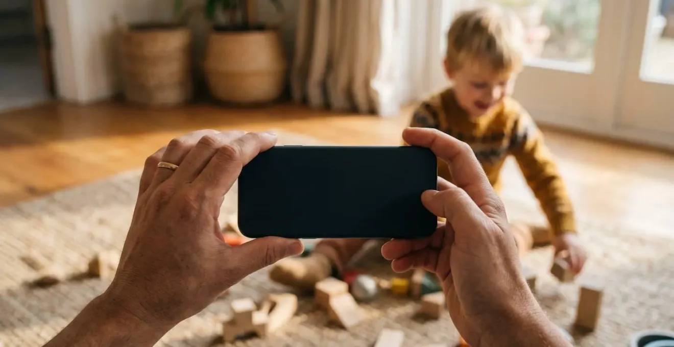 Parent capturing video documentation of child's natural play behavior on smartphone